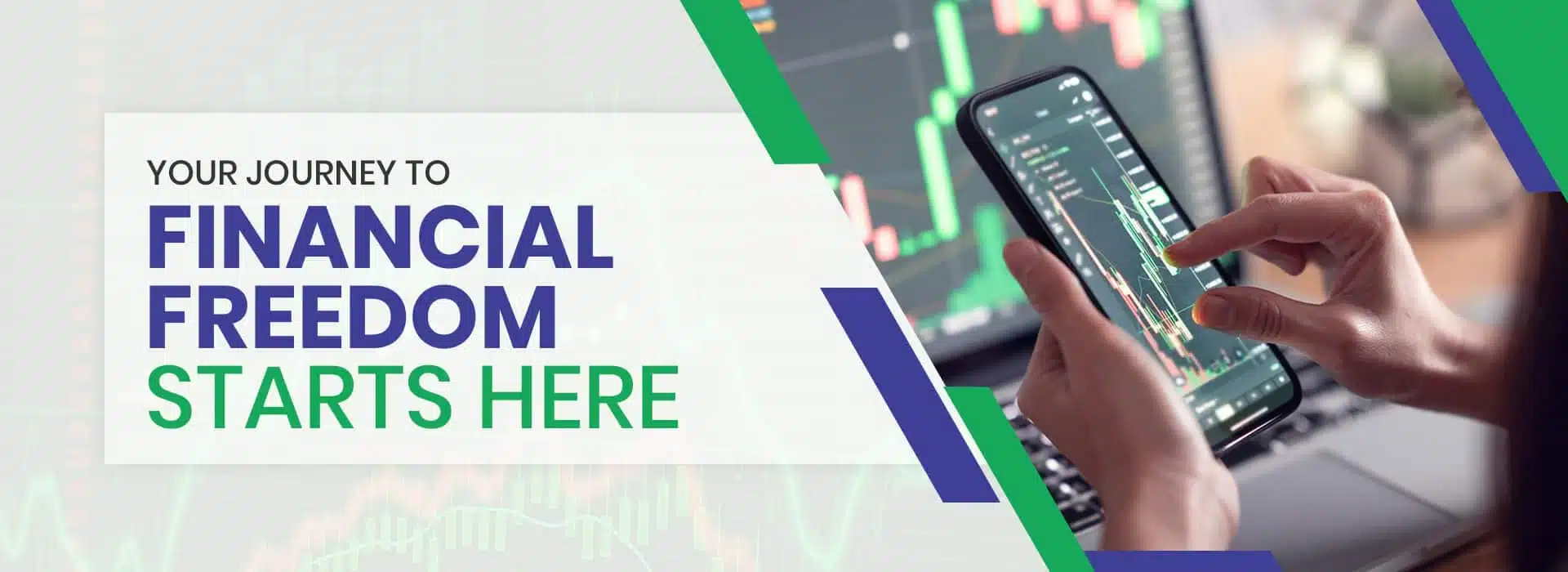 Financial trading on smartphone with stock market charts on screen, representing digital investment technology and financial freedom concepts.