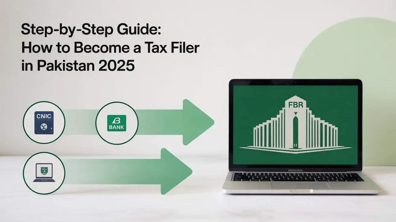 CNIC and bank icons with a laptop displaying the FBR logo, illustrating steps for becoming a tax filer in Pakistan in 2025.