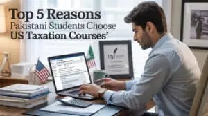 USA taxation form displayed on a laptop with Pakistani student studying US tax courses in an office setting.