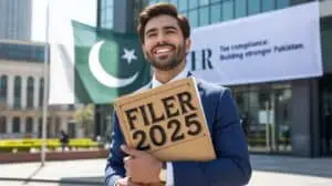 Pakistan flag behind businessman holding legal files, representing legal and regulatory compliance in Pakistan.