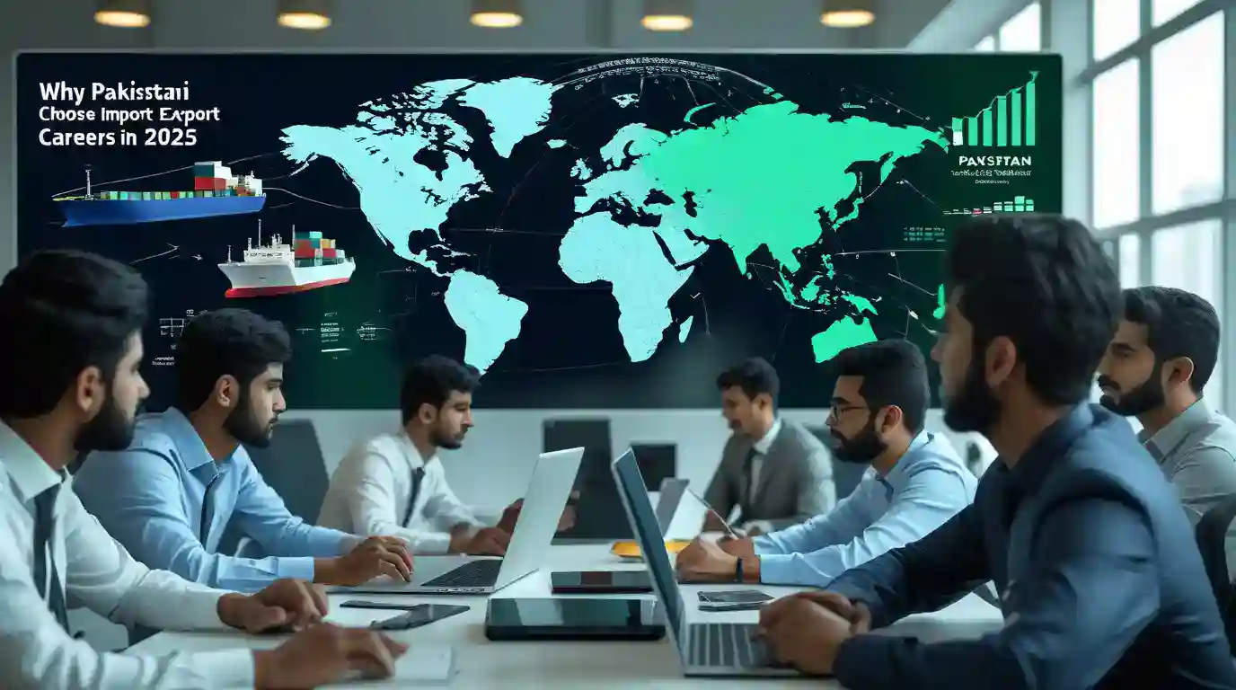 Innovative ICT conference in Pakistan showcasing global technology trends, digital transformation, and import-export careers for 2025 with experts collaborating in a modern tech-enabled environment.