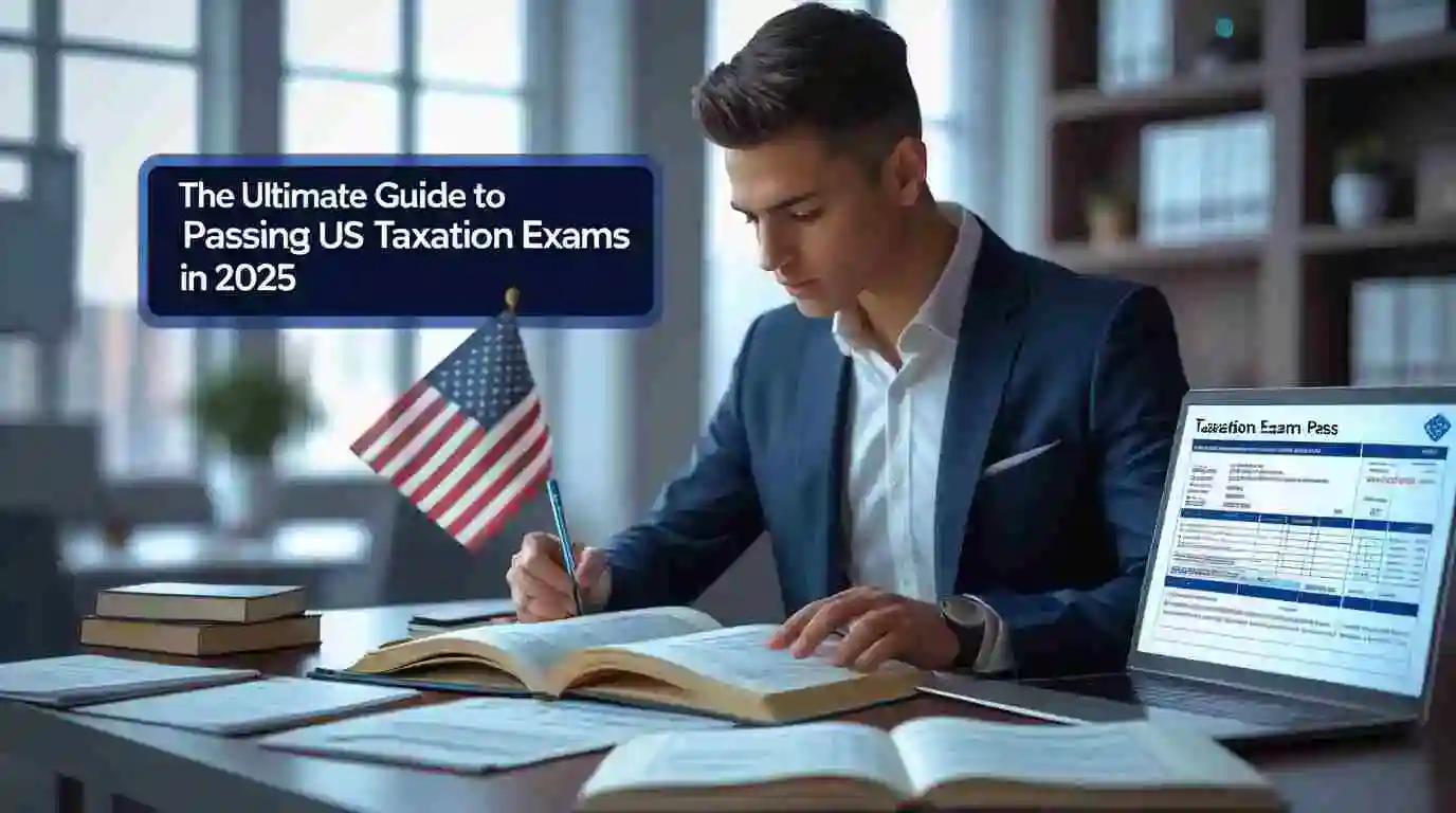 Pass US taxation exam standing desk, digital tablet with tax pass, businessman preparing for US tax examination, IRS tax exam guide, tax study materials, digital learning, accounting, finance, exam preparation, education, professional development.