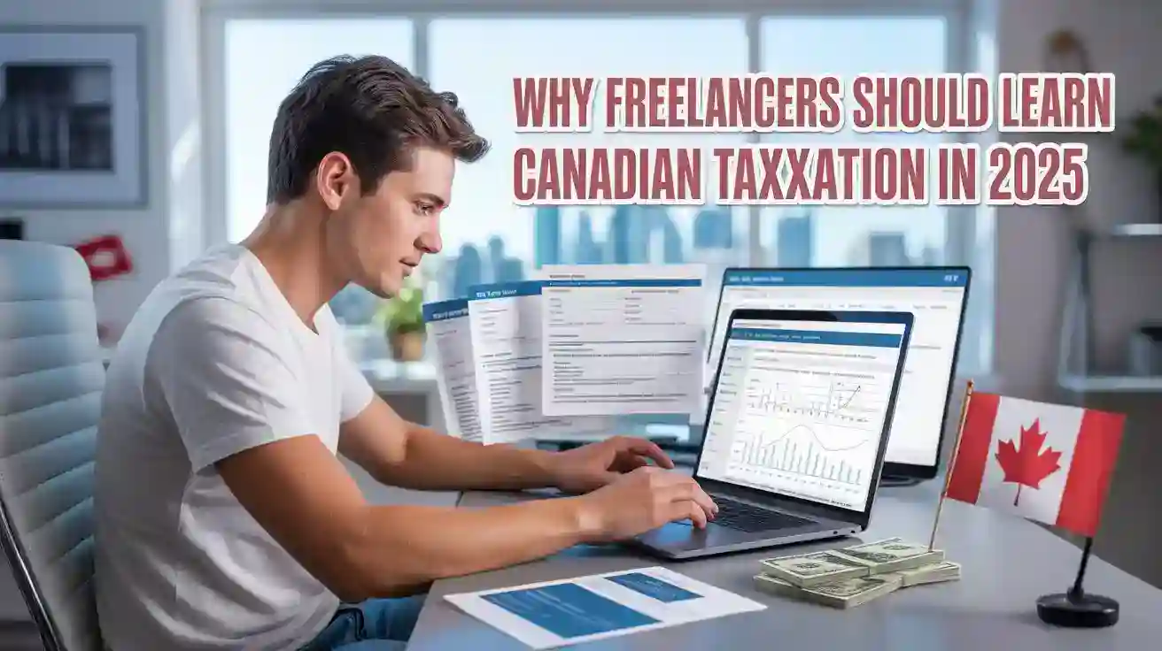 Canadian tax education for freelancers in 2025, with digital work and online tax tools. Young man working on tax documents at modern desk, representing remote finance management.